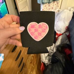 Black Can Cooler with Pink Heart Patch